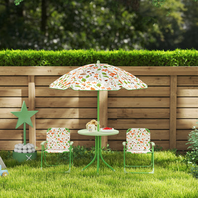 AIYAPLAY 4 Pieces Kids Garden Table and Chair Set with Adjustable Parasol, Folding Chairs, Table, Fox Pattern, Green 