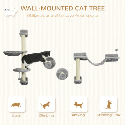 PawHut Four-Piece Cat Wall Furniture with Hammock, Perches, Ladder, Scratching Post, Grey 