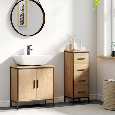 HOMCOM Bathroom Vanity Unit, Under Sink Storage Cabinet with 2 Doors, Adjustable Shelf for Basin without or with Pedestal, Oak 