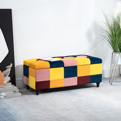 HOMCOM 114 x 47 x 47cm Velvet Storage Ottoman, Button-tufted Footstool Box, Toy Chest with Lid for Living Room, Bedroom, Multicoloured 
