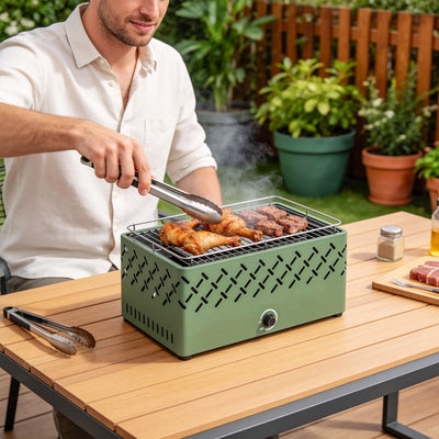 Outsunny Portable Charcoal BBQ Grill, Battery Powered Barbecue Grill with Built-in Fan for Camping Picnic, Light Green 