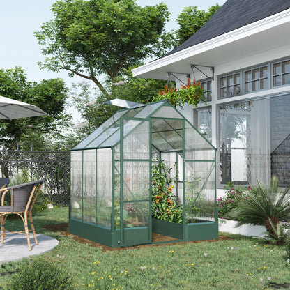 Outsunny 6x6 FT Polycarbonate Greenhouse with Base and Raised Bed, Walk-in Greenhouse with Aluminium Frame, Temperature Controlled Window, Foundation for Plants, Flowers, Vegetable 