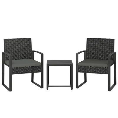 Outsunny Rattan Bistro Set, 3 Piece Garden Furniture Set with Glass Top Table and Cushions, Dark Grey 
