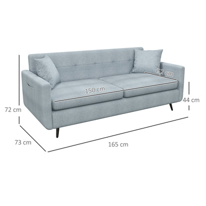 HOMCOM 165cm 3 Seater Sofa for Living Room, Modern Fabric Couch, Tufted Small Couch Sofa Settee with Steel Legs and 2 Storage Pockets for Bedroom and Home Office, Blue 