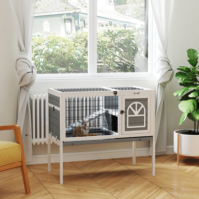 PawHut Wooden Rabbit Hutch, Guinea Pig Cage, with Removable Tray, Openable Roof, Grey 