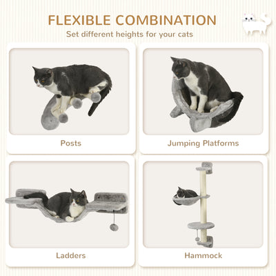 PawHut Four-Piece Cat Wall Furniture, with Hammock, Ladder, Platforms, Steps, for Indoor Use - Grey 