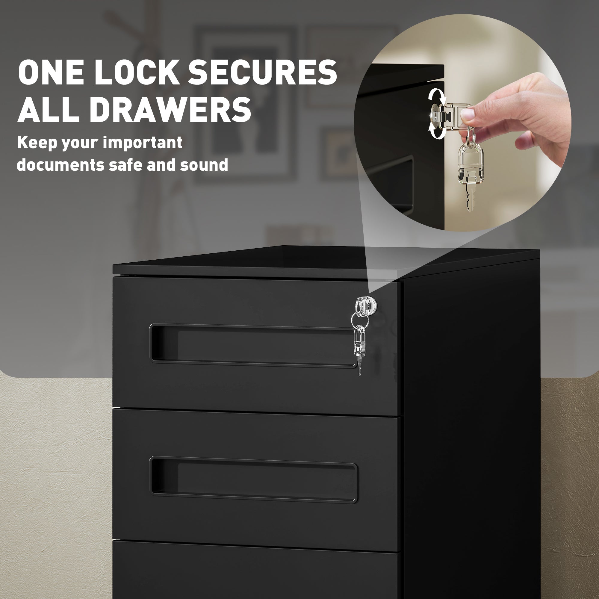 Vinsetto Metal Mobile File Cabinet with Wheels, Lockable 3 Drawer Filing Cabinet for A4, Legal, Letter, Compact Under Desk Storage Unit with Pre-Assembled Body for Home Office, 30 x 43.5 x 60cm, Black 