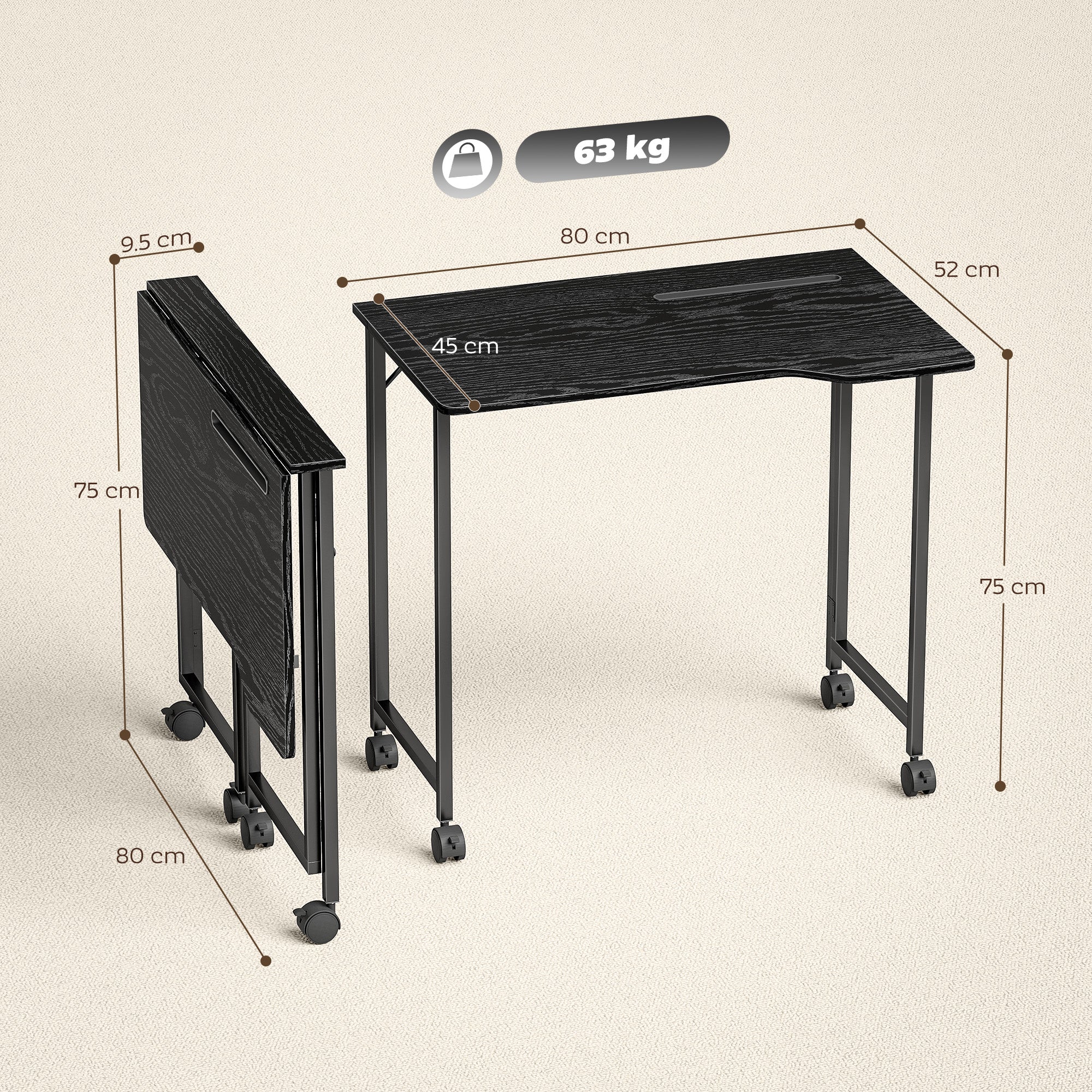 HOMCOM Folding Small Desk on Wheels - Black Wood Effect 