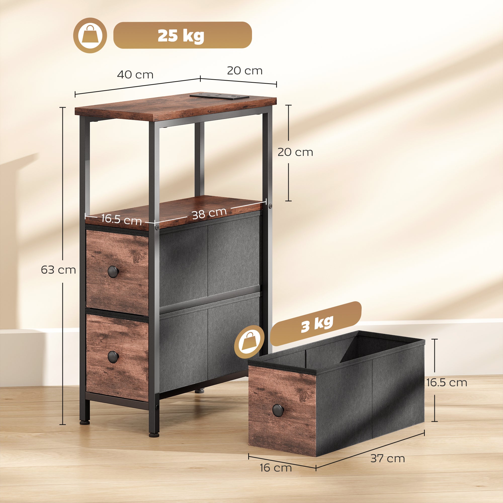 HOMCOM Side Table, Narrow Bedside Table with Charging Station, 2 Drawers, AC Outlet and 2 USB Ports for Living Room, Bedroom 