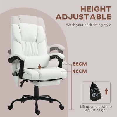 Vinsetto 6-Point Massage Office Chair, PU Leather Desk Chair with Adjustable Height and Footrest for Home Office, White 