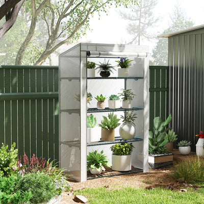 Outsunny 4 Tier Lean-to Mini Greenhouse with Reinforced PE Cover, Portable Small Greenhouse with Roll-Up Door, Grey Hemmed Edging, 110 x 50 x 171cm, Grey 