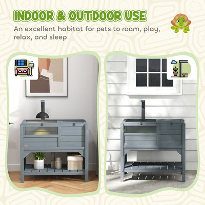 PawHut Wooden Tortoise House, with Shelter, Run, Shelf, Lamp Holder, Tray, Grey 