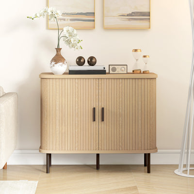 HOMCOM Mid-Century Modern Sideboard Storage Cabinet with Slatted Tambour Sliding Doors, Kitchen Cabinet with Steel Legs, Oak Tone 