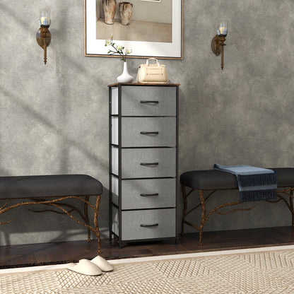 HOMCOM Fabric Chest of Drawers, Industrial Bedroom Dresser with 5 Fabric Drawers, Steel Frame and Wooden Top for Nursery, Living Room, Hallway, Rustic Brown and Grey