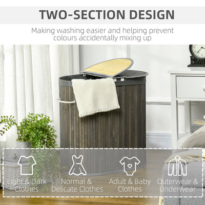 HOMCOM Bamboo Laundry Basket with Lid, 100 Litres Laundry Hamper with 2 Sections, Removable Washable Lining, Washing Baskets, 62.5 x 37 x 60.5cm, Grey 