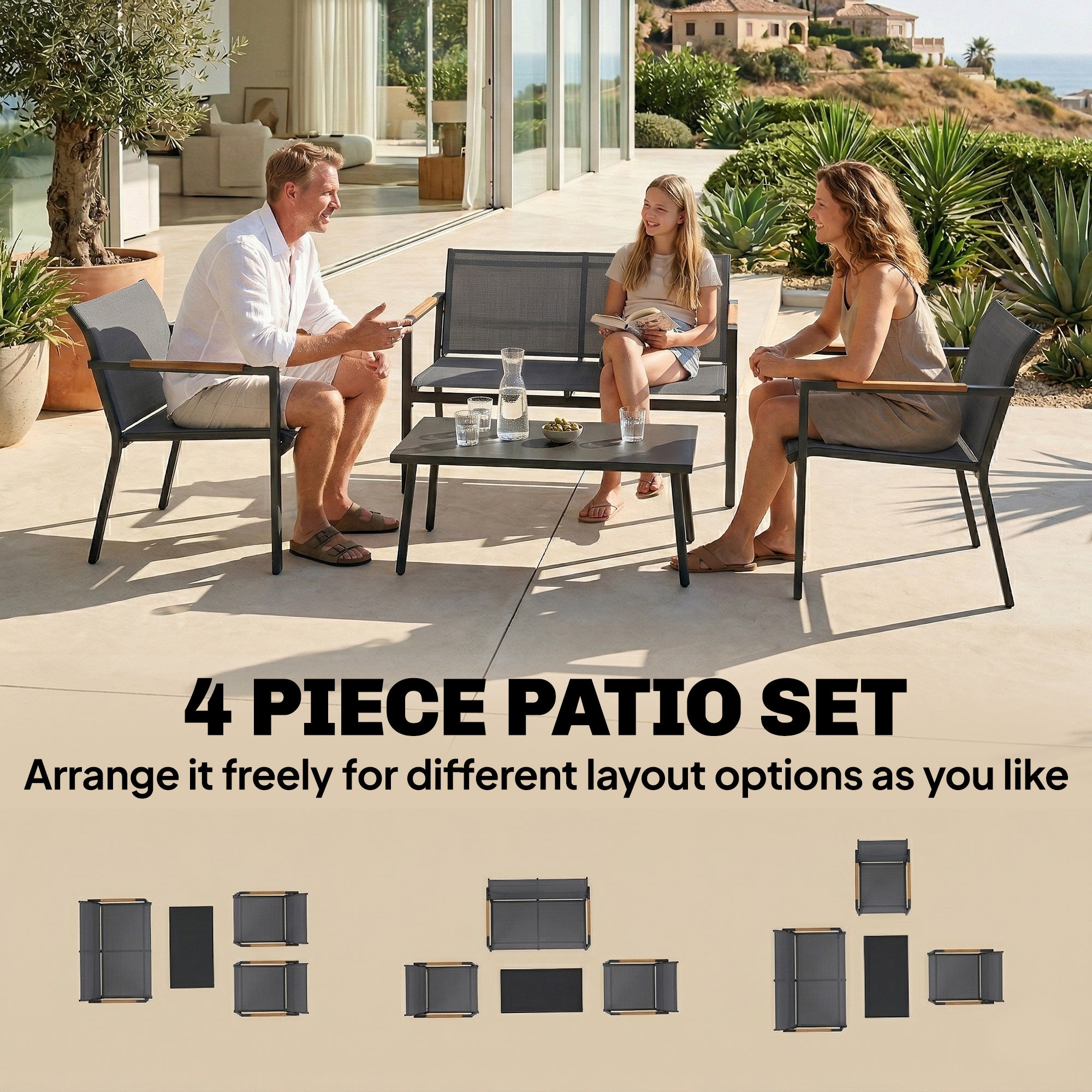 Outsunny 4 Seater Garden Furniture Set with Loveseat, Armchairs, Table, Metal Garden Sofa Set with Breathable Seats, Grey 
