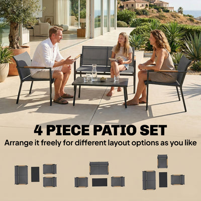 Outsunny 4 Seater Garden Furniture Set with Loveseat, Armchairs, Table, Metal Garden Sofa Set with Breathable Seats, Grey 