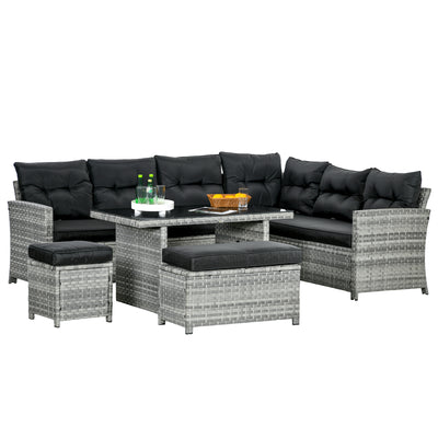 Outsunny 5-Piece Rattan Patio Furniture Set with Corner Sofa, Footstools, Glass Coffee Table, Cushions, Mixed Grey 