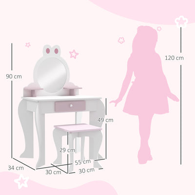 ZONEKIZ Bunny-Design Kids Dressing Table, with Mirror and Stool - White and Pink 