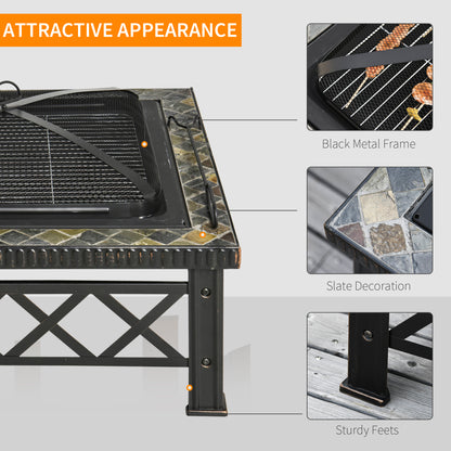 Outsunny Large Outdoor Fire Pit Table, 3 in 1 Square Wood Burning Firepit Metal Brazier, BBQ Grill, Ice Bucket w/ Grill Grate, Log Grate, Lid, Poker for Garden, Camping, Bonfire, 76 x 76 x 47cm, Black 