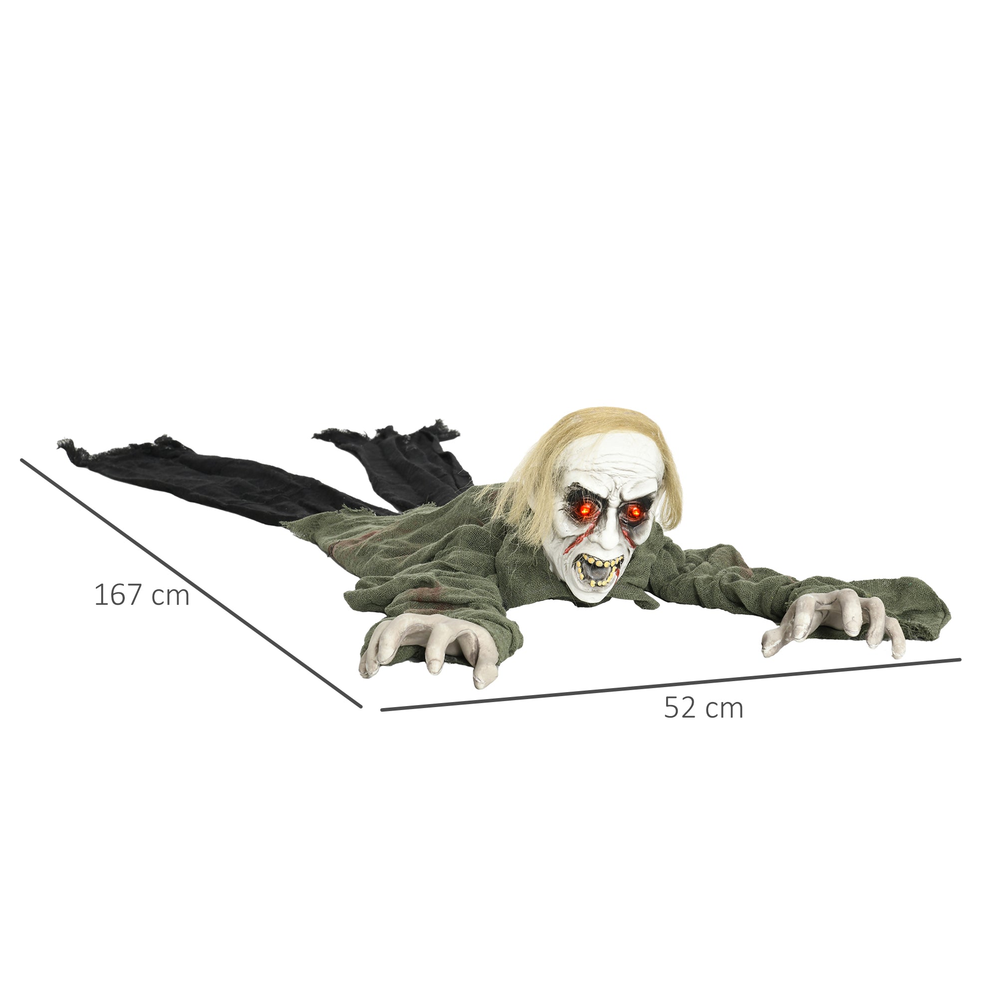 HOMCOM 167 cm Outdoor Halloween Decoration Crawling Zombie, Animated Prop Decor with Sound Activated, Light Up Eyes