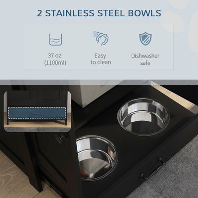 PawHut Pet Feeding Station with Raised Dog Bowls, Adjustable Panel, Hooks, Black 