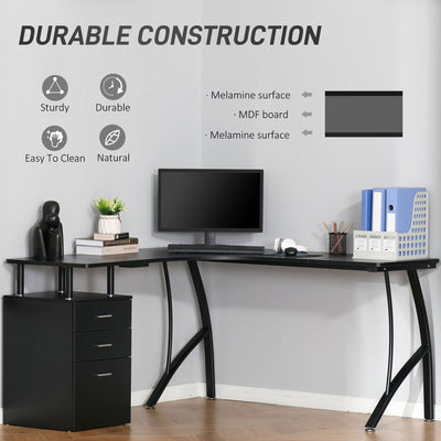 HOMCOM L-Shaped Computer Desk Table with Storage Drawer, Home Office Desk Corner Industrial Style Workstation for A4 Files 143.5 x 143.5 x 76cm, Black 