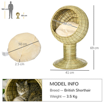 PawHut Raised Detachable Cat house, Natural Mat Grass Cat Bed, with Cushion 