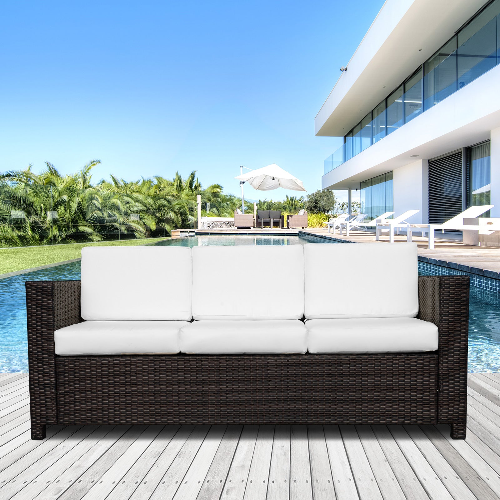 Outsunny 3 Seater Rattan Sofa All-Weather Wicker Weave Metal Frame Chair with Fire Resistant Cushio-Brown 