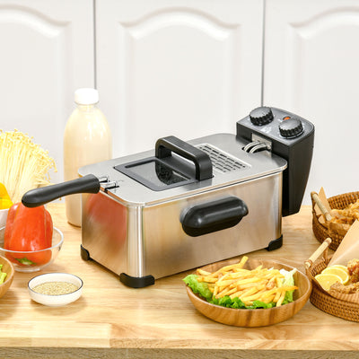 HOMCOM 3 Litre Stainless Steel Deep Fat Fryer with Adjustable Temp, 60min Timer, Viewing Window and Safety Cut Out, 2000W 