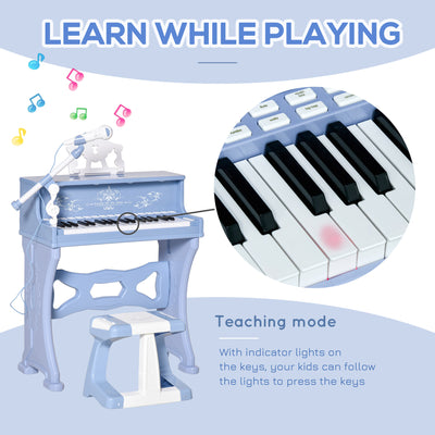 HOMCOM 37 Keys Kids Piano Mini Electronic Keyboard Light Kids Musical Instrument Educational Game Children Grand Piano Toy Set w/Stool & Microphone & Music Stand (Blue) 