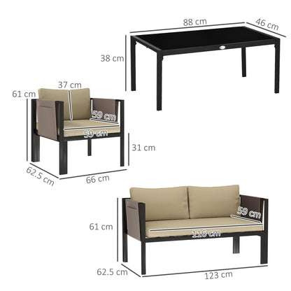 Outsunny 4 Piece Metal Garden Furniture Set with Tempered Glass Coffee Table, Texteline Pocket, Outdoor Set Loveseat Single Armchairs with Padded Cushions, Khaki 