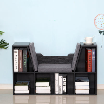 HOMCOM Bookcase Storage Shelf with Cushioned Reading Seat, Cube Bookshelf Organizer for Bedroom Living Room, Black 