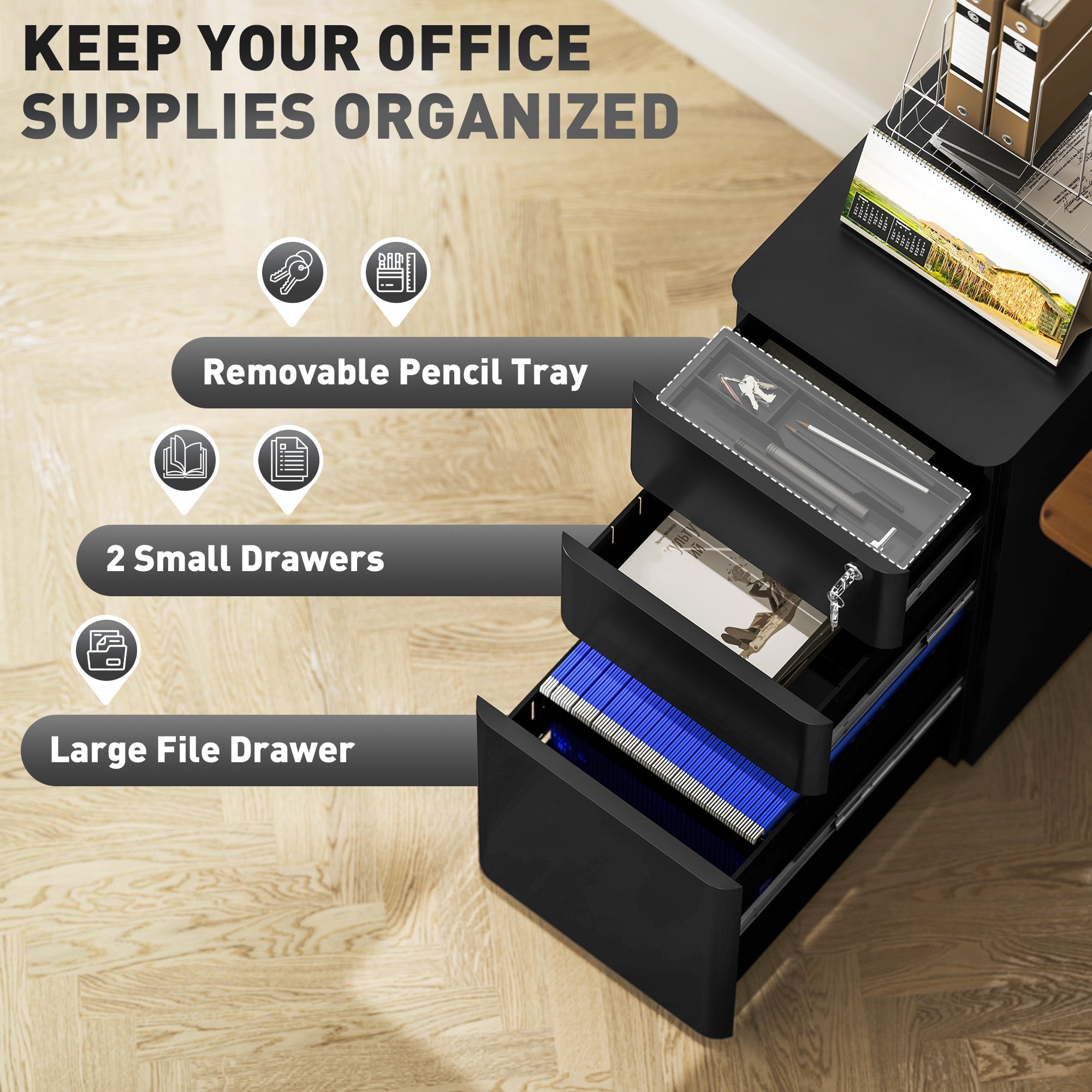 Vinsetto 3-Drawer Steel Filing Cabinet with Lock - Black 
