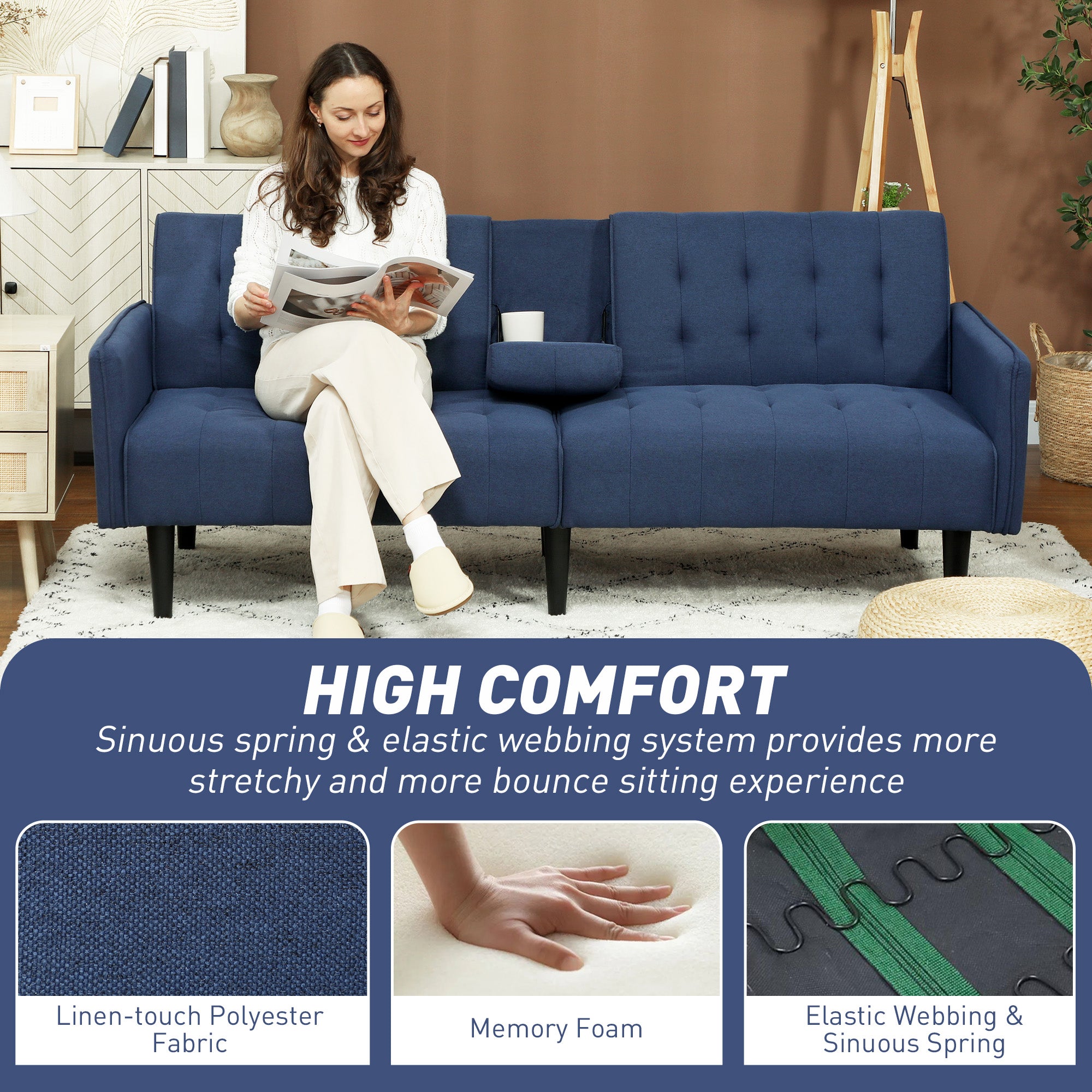 HOMCOM Upholstered Click Clack Sofa Bed, Linen-Feel 3 Seater Sofa Bed with Storage and Cupholders, Dark Blue