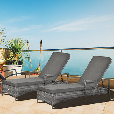 Outsunny PE Rattan Sun Loungers set of 2 with Cushion, Outdoor 2 Pieces Garden Sunbed Furniture with 4-Level Recliner Backrest, and Armrest, Grey 