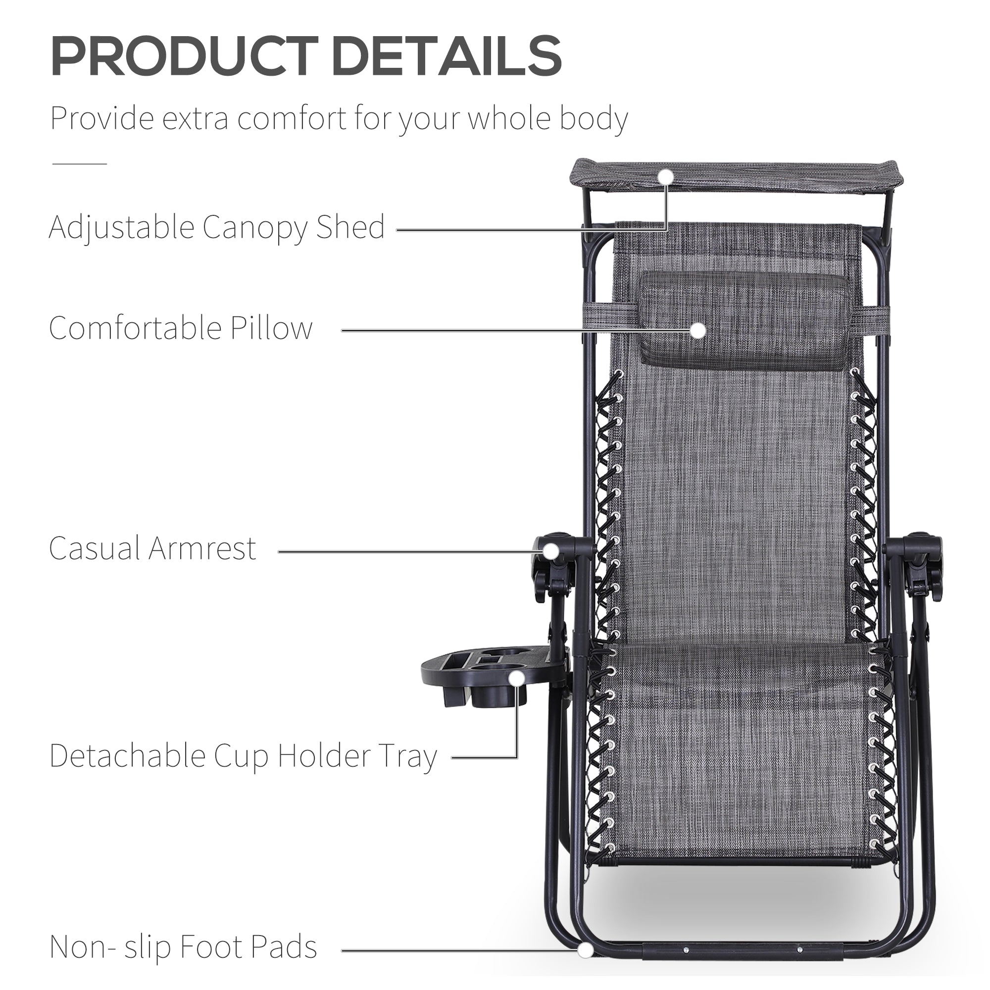 Outsunny Foldable Reclining Garden Chair with Headrest, Zero Gravity Deck Sun Lounger Seat Chair with Footrest, Armrest, Cup Holder & Canopy Shade, Grey 