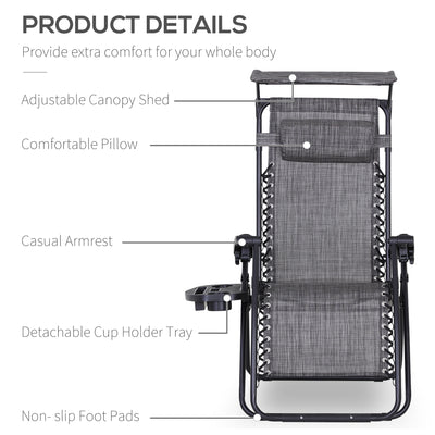 Outsunny Foldable Reclining Garden Chair with Headrest, Zero Gravity Deck Sun Lounger Seat Chair with Footrest, Armrest, Cup Holder & Canopy Shade, Grey 
