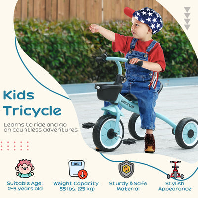 AIYAPLAY Kids Trike, Tricycle, with Adjustable Seat, Basket, Bell, for Ages 2-5 Years - Blue 