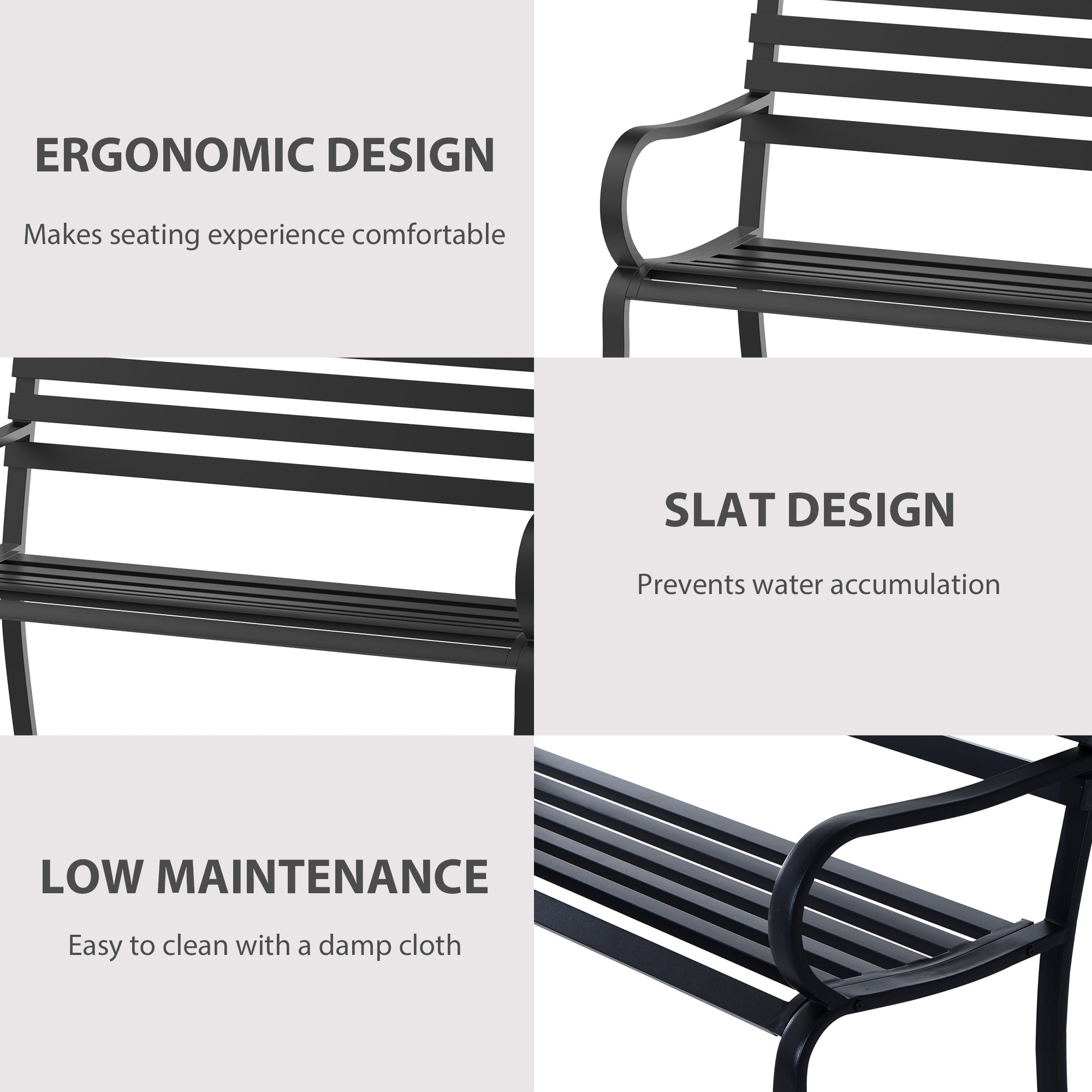 Outsunny Stylish 2 Seater Metal Garden Porch Chair Bench Stable Patio Outdoor Park Metal Bench - Black 
