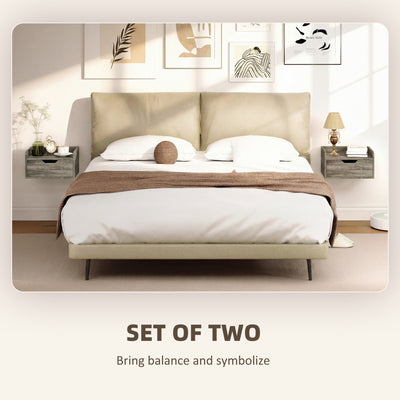 HOMCOM Floating Nightstands Set of 2, Wall Mounted Bedside Table with Drawer for Bedroom, Grey Wood Effect 