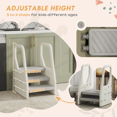AIYAPLAY Adjustable 3 Step Toddler Tower with Handles, Non-slip Surface and Foot Pads, Grey 