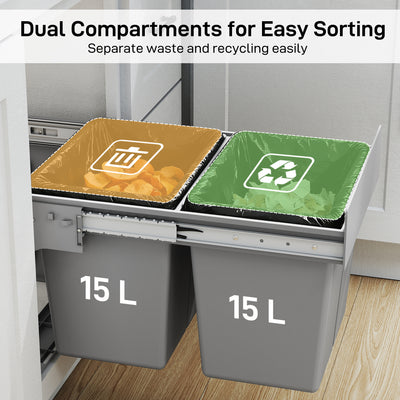 HOMCOM Pull Out Bin, Under Sink Bin - 2 Removable Compartments (15L Each) for 400mm Cabinets, Light Grey 