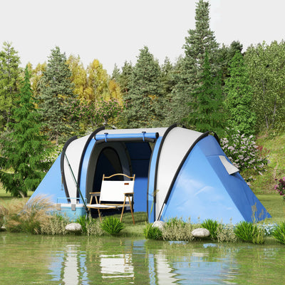 Outsunny Camping Tent with 2 Bedrooms and Living Area, 3000mm Waterproof Family Tent, for Fishing Hiking Festival, Blue 