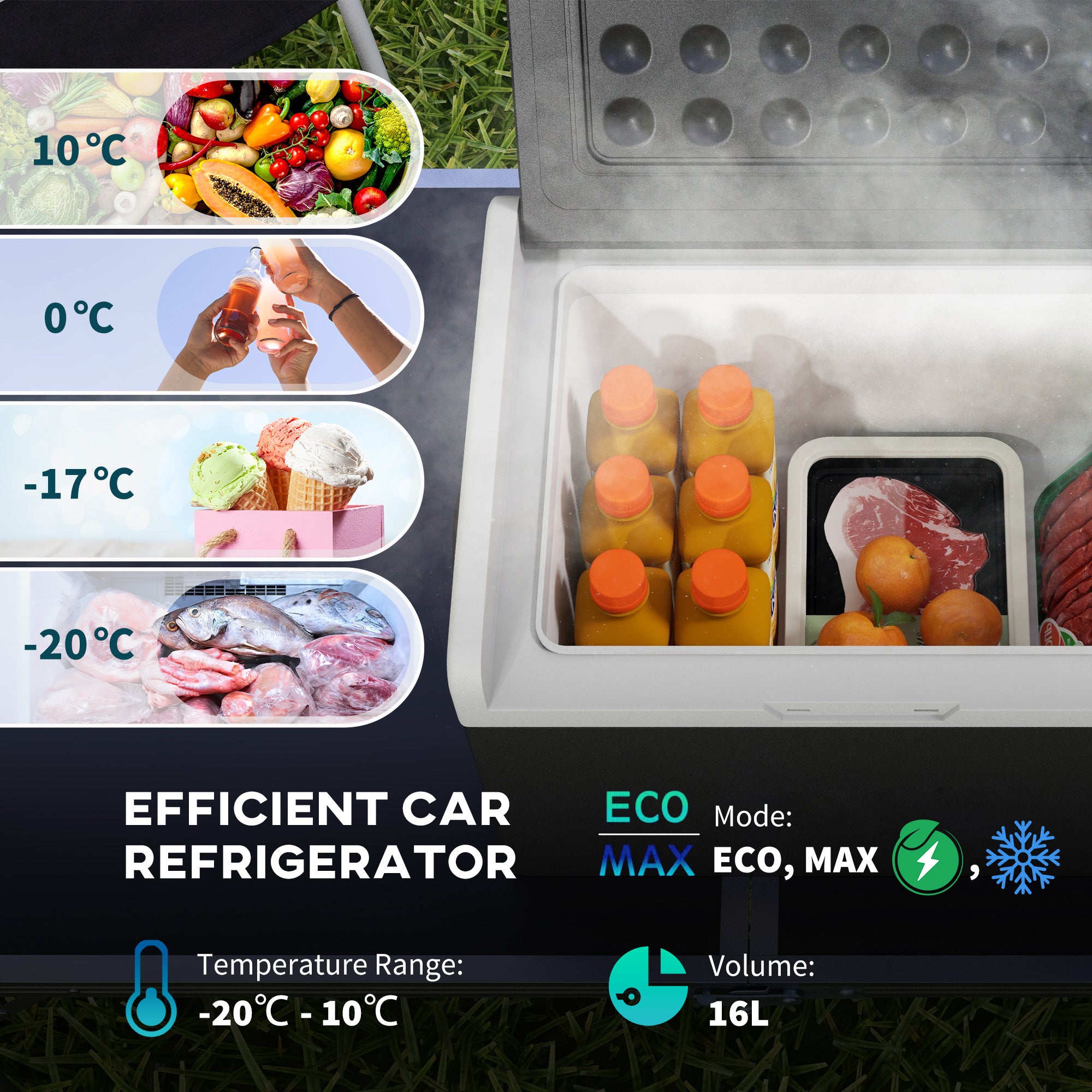Outsunny 16L Portable Car Fridge, -20\'e2\'84\'83 to 10\'e2\'84\'83 Adjustable Temperature - Black/Grey