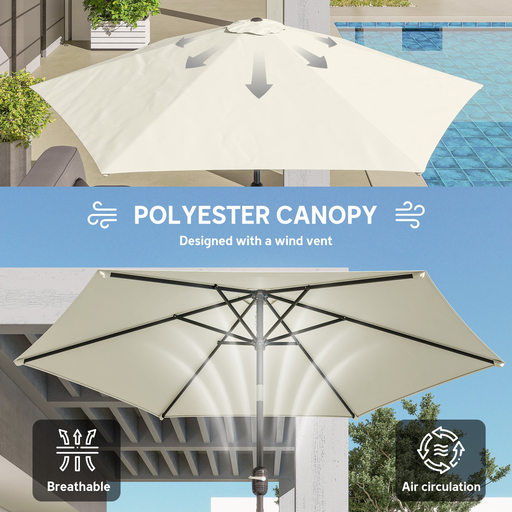 Outsunny 2.6 m Garden Parasol Umbrella with Aluminium Pole, Outdoor Patio Umbrella with Tilt and Crank, Vent, Cream White 