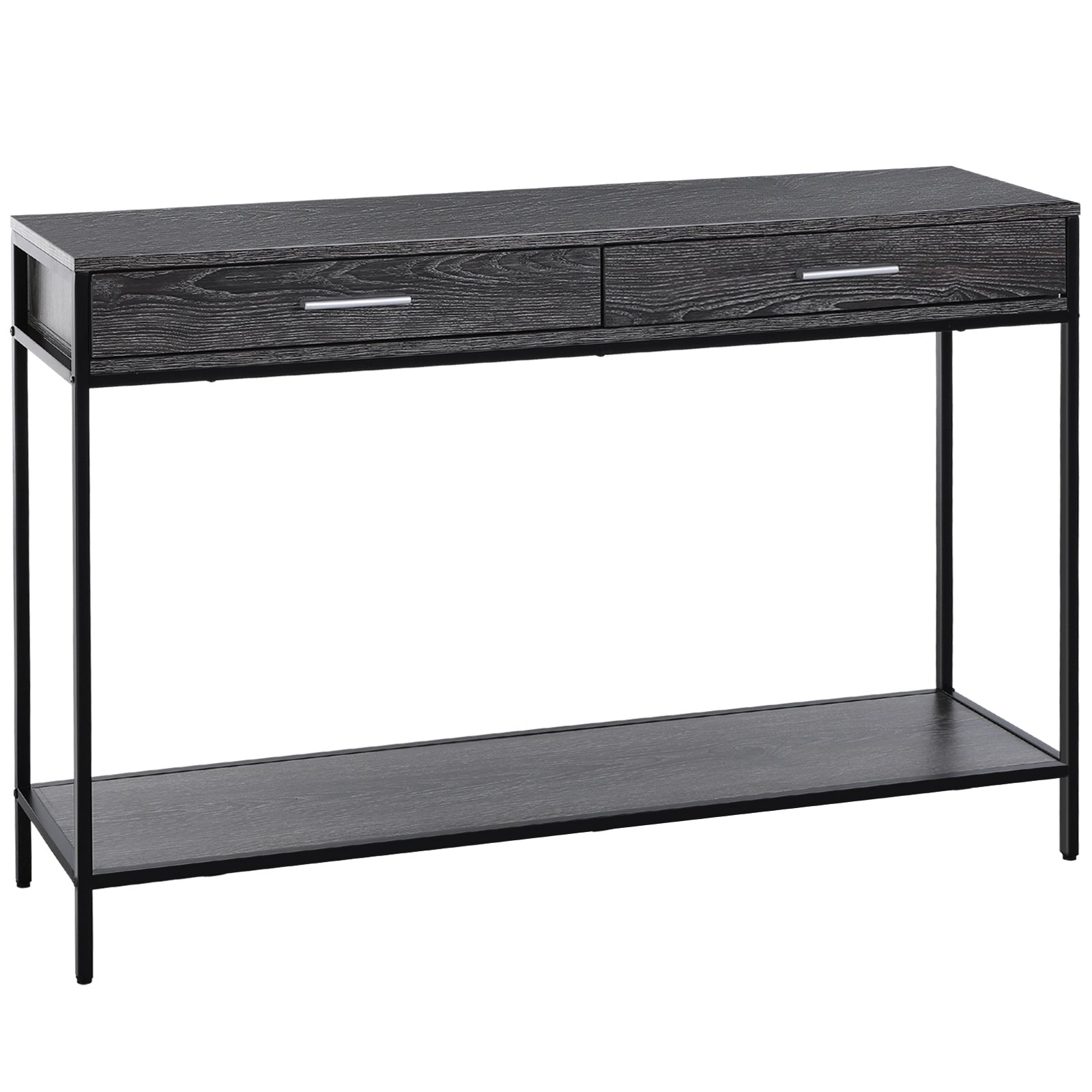 HOMCOM Console Table Worktop Bottom Shelf Home Two Drawer Industrial Minimal Style Grey Wood Tone Effect 