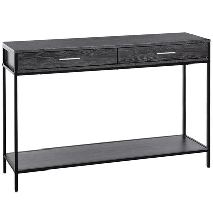 HOMCOM Console Table Worktop Bottom Shelf Home Two Drawer Industrial Minimal Style Grey Wood Tone Effect 