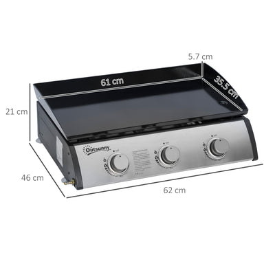 Outsunny Gas Plancha Grill with 3 Stainless Steel Burner, 9kW, Portable Tabletop Gas BBQ with Non-Stick Griddle for Camping Picnic Garden Party Festival 