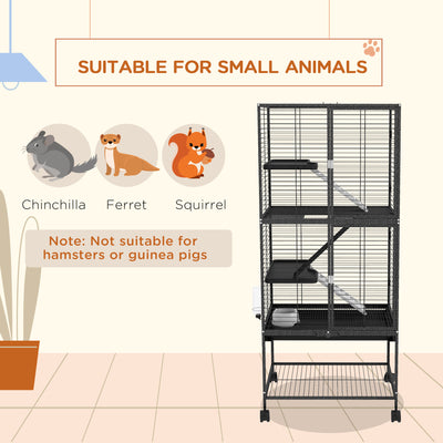 PawHut Rolling Chinchilla Cage, Small Animal Cage for Ferrets w/ Three Doors, Storage, Shelf, Tray Tray, Bowl, Water Bottle 